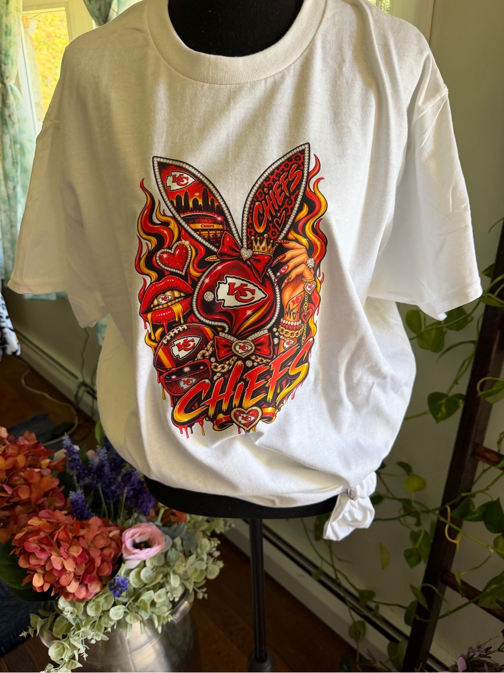KC Chiefs White T-Shirt with Red and Yellow Graphic